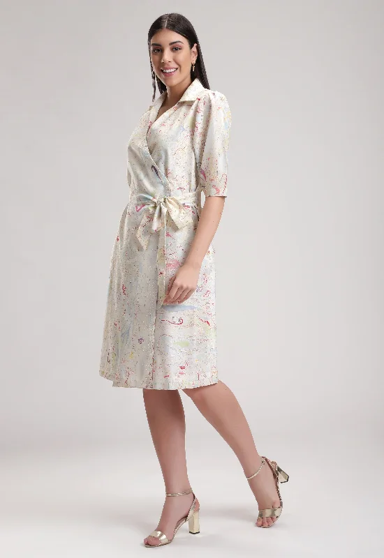 White Puff Sleeve Signature Marble Summer Shirt Dress