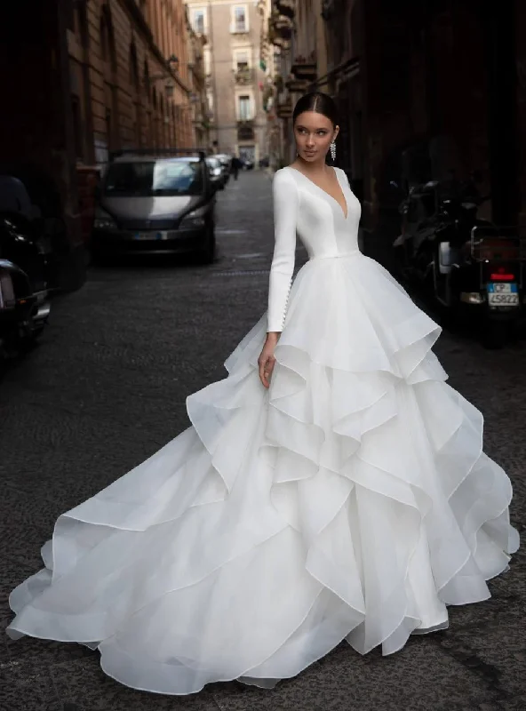 Tiered Skirt Sexy Back Long Sleeve Wedding Dress