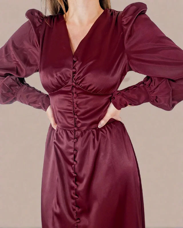 Kelsey Burgundy Red Satin Long Sleeve Dress with Bishop Sleeves