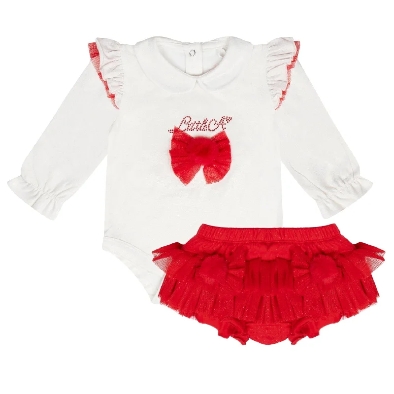 LITTLE A - Festive Hearts Heidi Pom Pom Tulle Jam Pant Set - Snow White