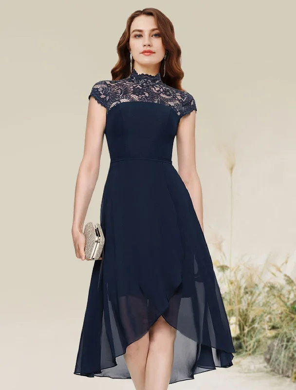 A-Line Cocktail Dresses Flirty Dress Homecoming Wedding Guest Asymmetrical Sleeveless Jewel Neck Chiffon with Lace