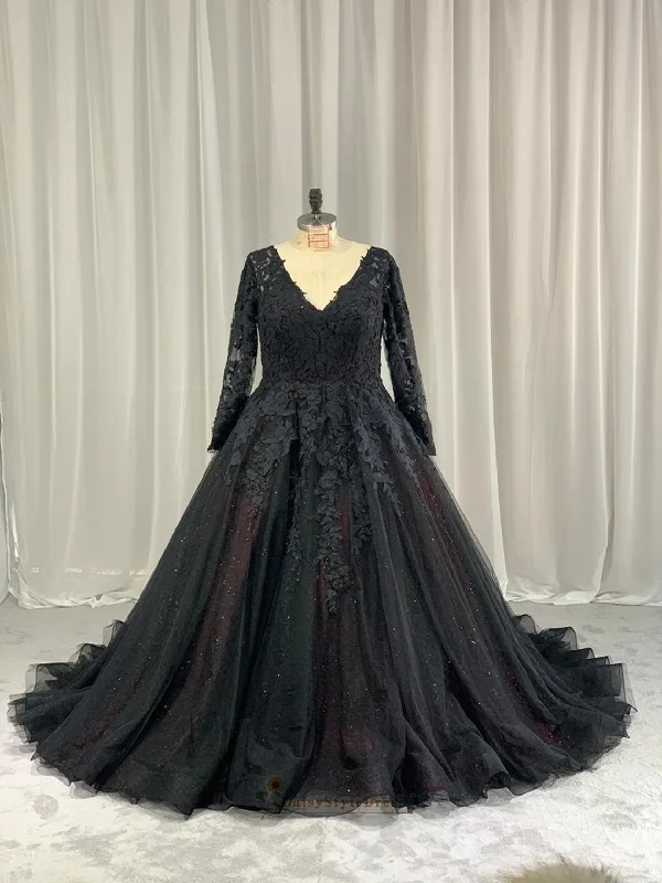 Plus Size Long Sleeve Black Lace Wedding Dress