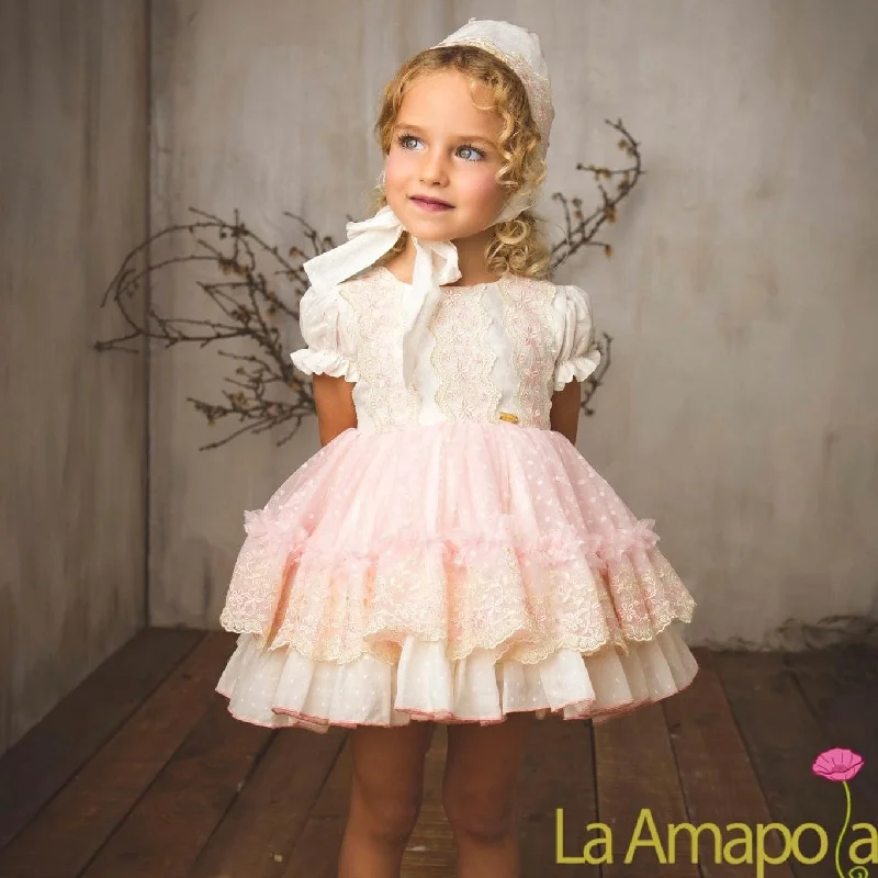 LA AMAPOLA - Princess Baby Dress & Bonnet - Pink