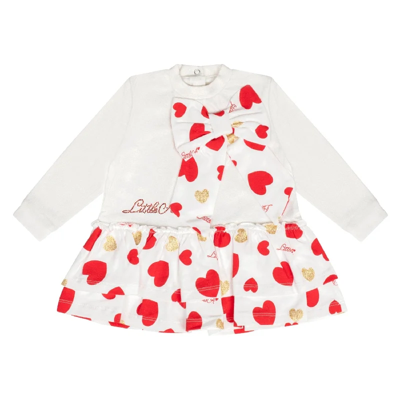 LITTLE A -  Festive Hearts Hannah Heart Print Bow Dress - Snow White