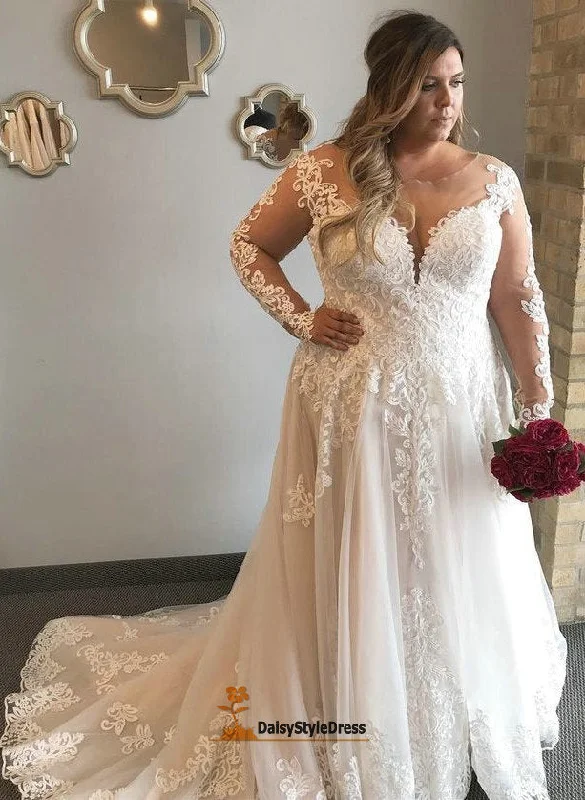 Elegant Long Sleeve Lace Plus Size Wedding Dress