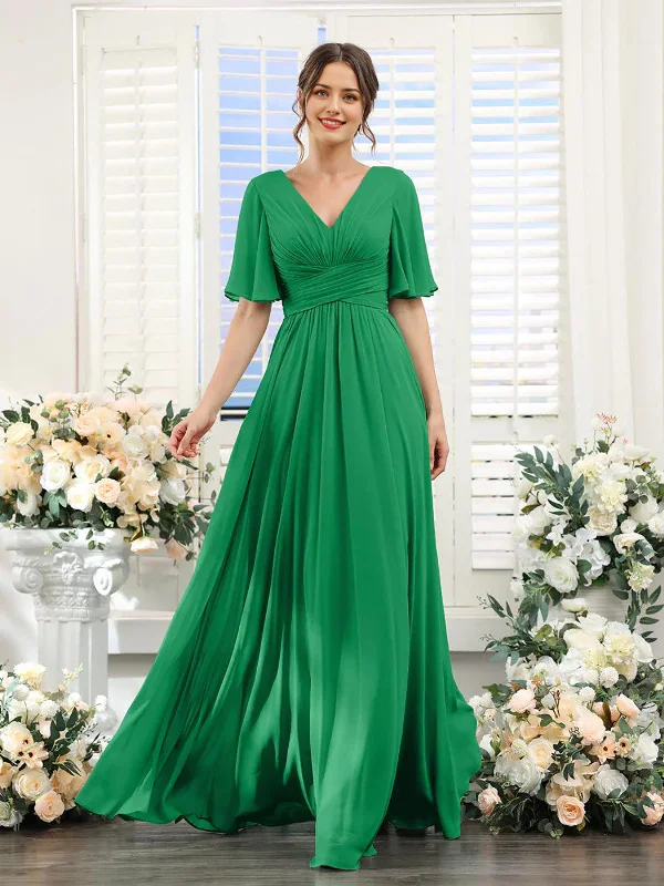 DingJiDress A-Line Bridesmaid Dress V-Neck Sleeve for Wedding Guest Long Formal Party Dresses with Slit