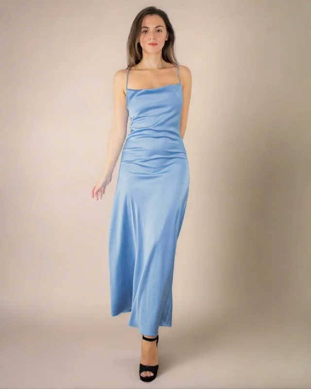 Davina Blue Satin Cowl Neck Dress - Long Satin Slip Dress