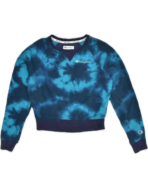 CHAMPION Womens Oversized Crop Sweatshirt Jumper UK 6 XS Blue Tie Dye