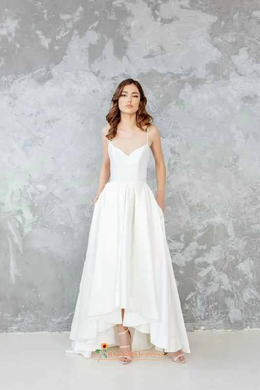 High Low Spaghetti Straps Wedding Dress with Pocket