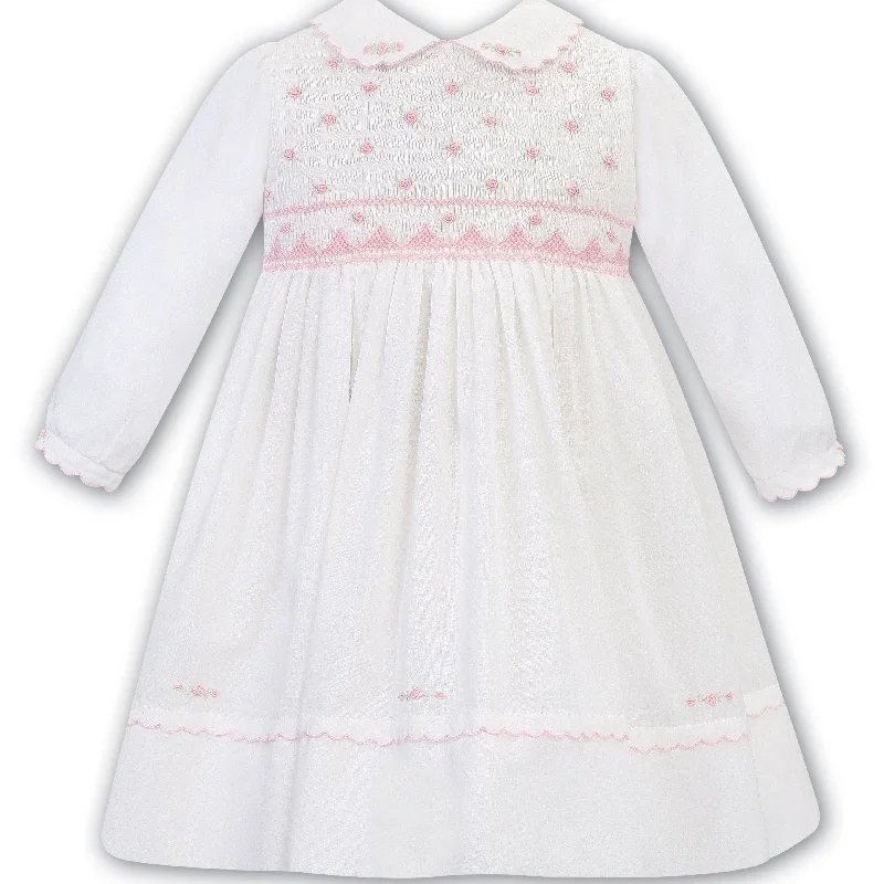 SARAH LOUISE -  Smocked Peter Pan Collar With Flower Detail Dress - Ivory