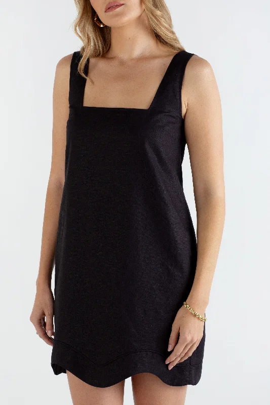 "The Tara" Scallop Linen Dress (Black)