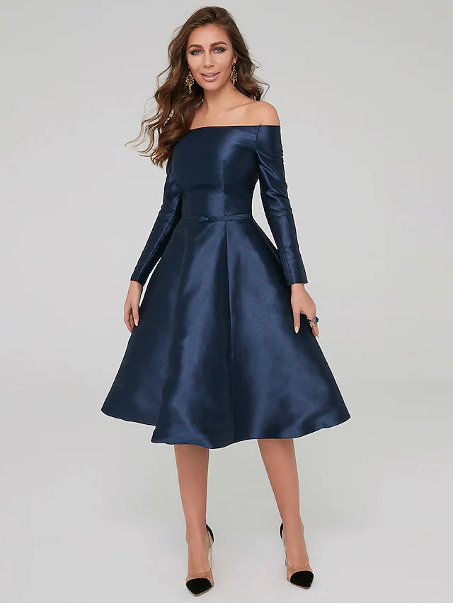 A-Line Dresses Party Dress Wedding Knee Length Long Sleeve Off Shoulder Satin with Pleats