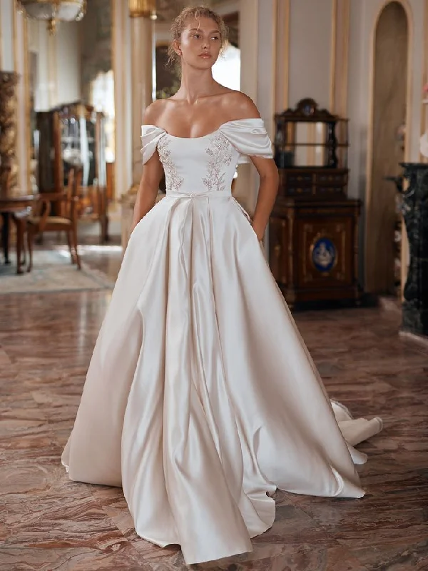 Off Shoulder Sleeve Soft Satin Wedding Dress