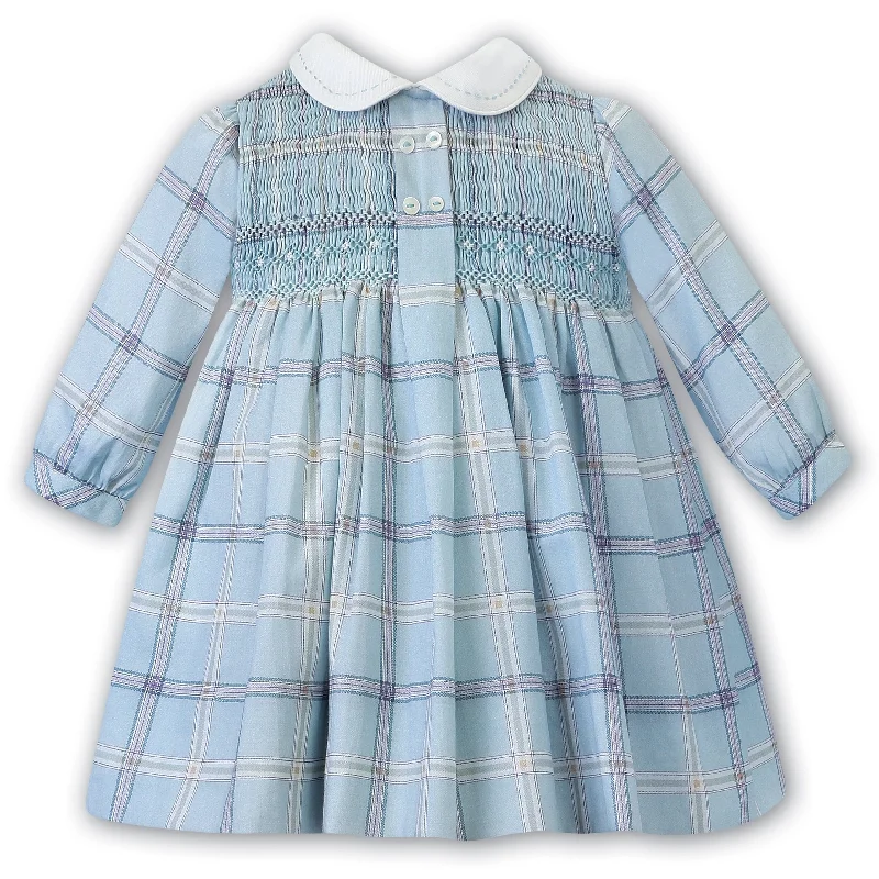 SARAH LOUISE -  Smocked Check Dress With Button Detail - Blue