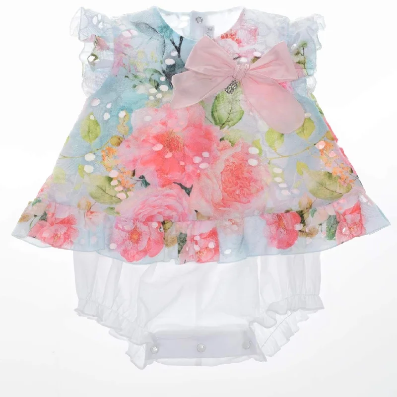 BARCELLINO - Floral Dress Romper, Bib & Hairband  - White