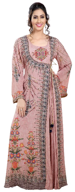 Light Pink Printed Kaftan With Crystal Luxe Beads