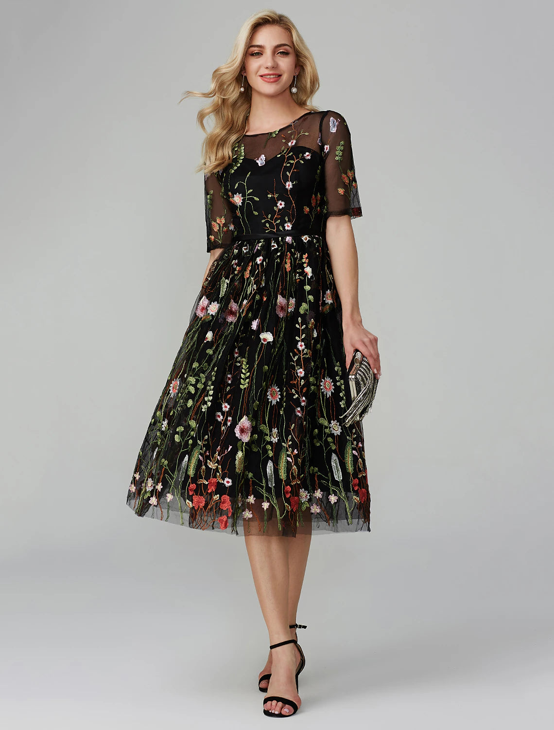 A-Line Party Dress Holiday Tea Length Half Sleeve Illusion Neck Fall Wedding Guest Organza with Embroidery Appliques