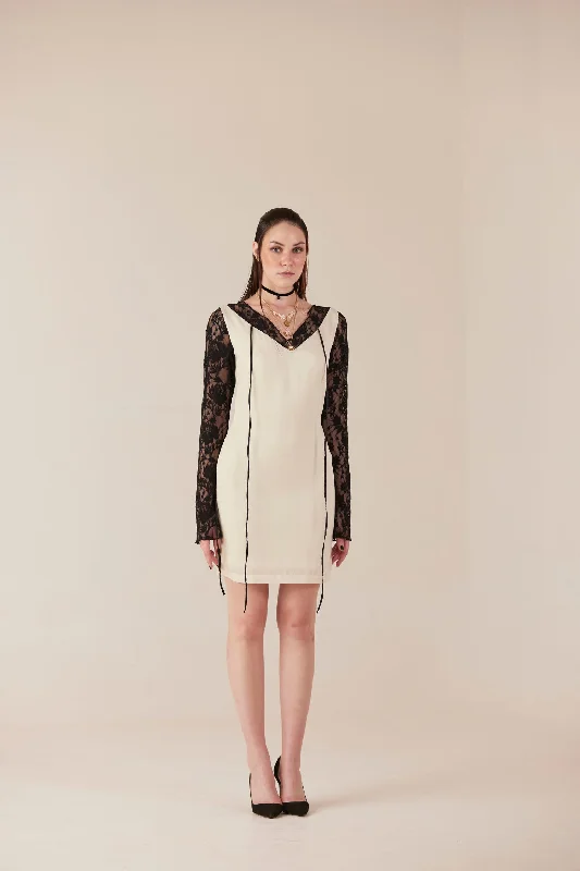 Modern Mosaic Cream & Black Lace Bodycon Dress