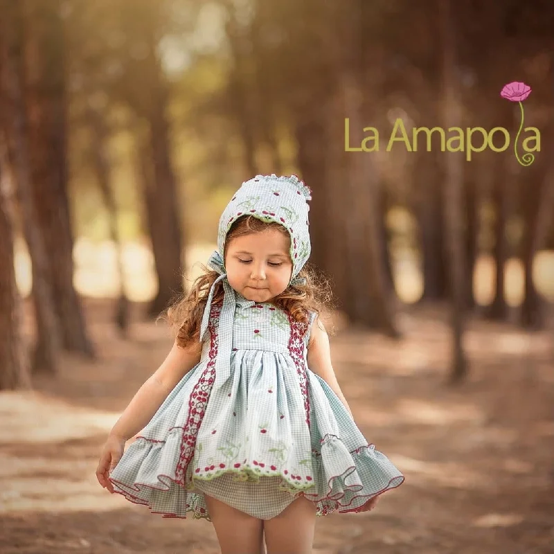 LA AMAPOLA - Cherry Baby Dress & Bonnet - Green