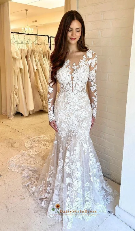 Mermaid Long Sleeve Sheer Lace Wedding Dress