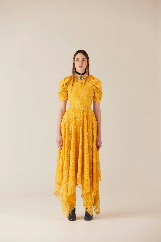 Citrine Yellow Lace Waist Cut Out Dress