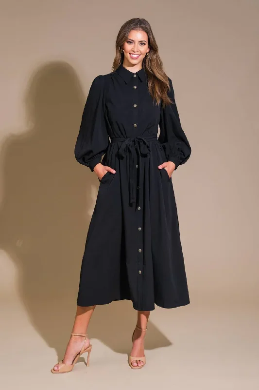 DingJiDress November December Wedding Guest Dress Solid Woven Midi Dress Featuring Shirt Collar Long Sleeve Button Down Side Pockets Self Sash Tie Formal Party Dress