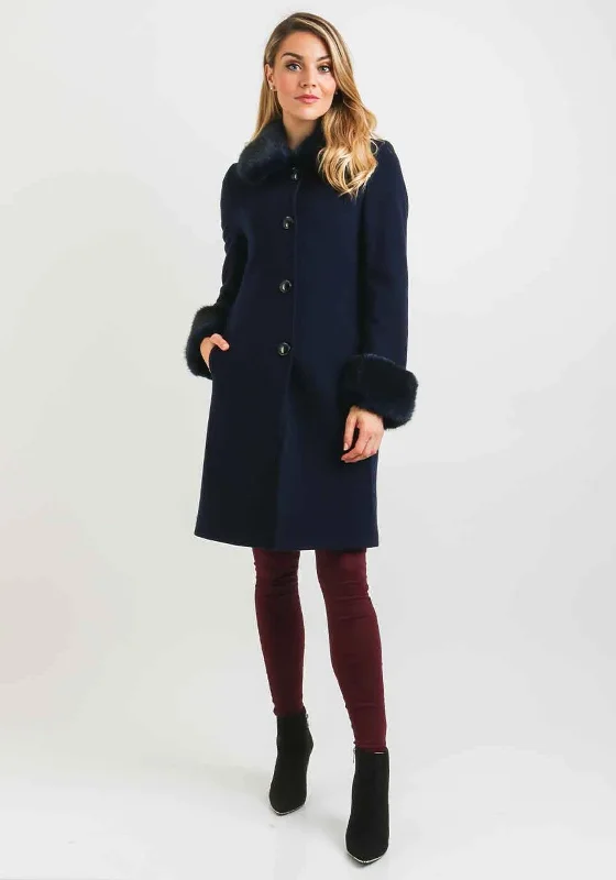 Christina Felix Faux Fur Trim Wool Rich Coat, Navy