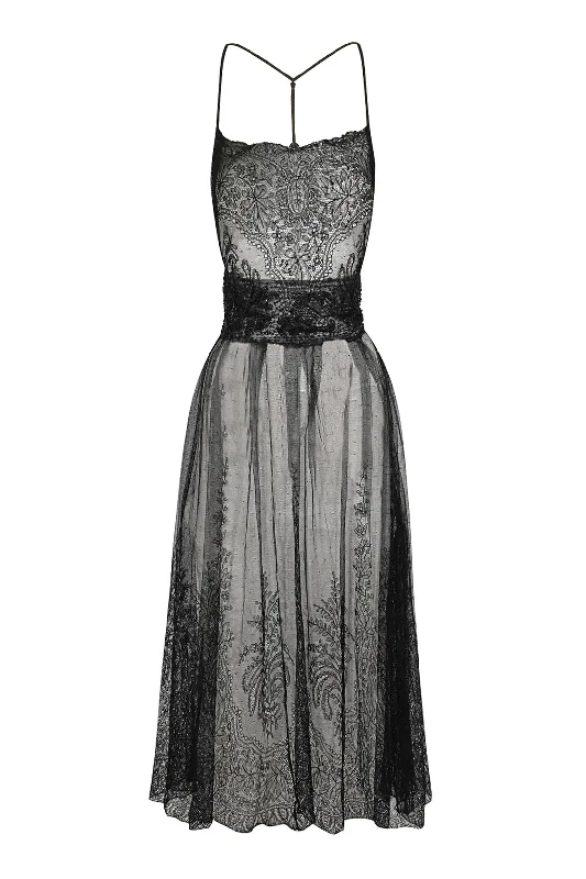 1940s Black Lace Beaded Midi Dress