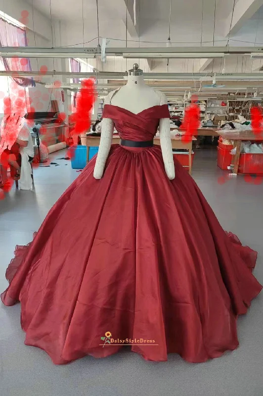 Ball Gown Off Shoulder Sleeve Deep Red Wedding Dress