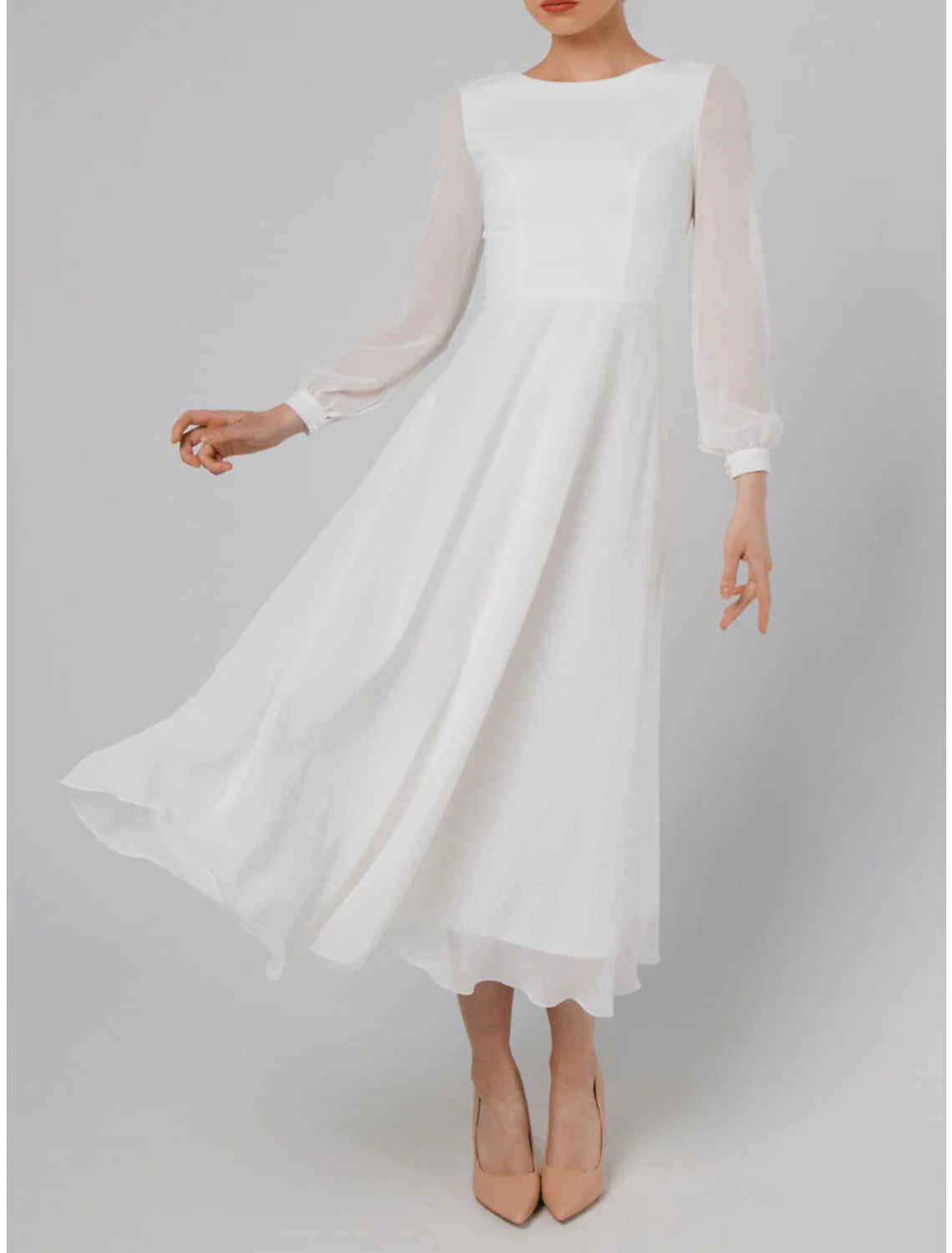 A-Line Cocktail Dresses Little White Dresses Dress Wedding Reception Tea Length Long Sleeve Jewel Neck Fall Wedding Guest Cotton V Back with Ruffles Pure Color