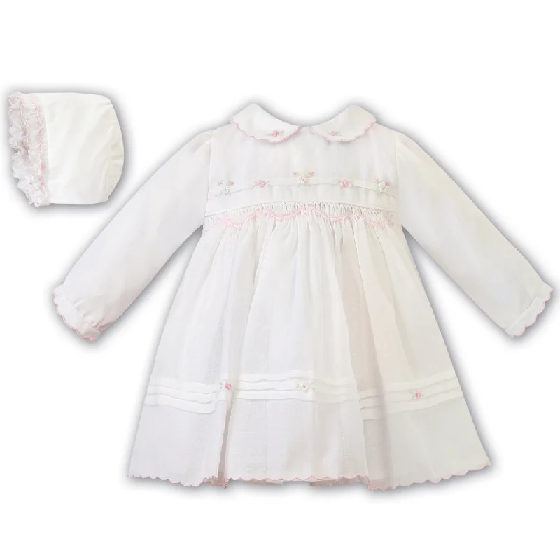 SARAH LOUISE -  Smocked Dress With Bonnet - White / Pink