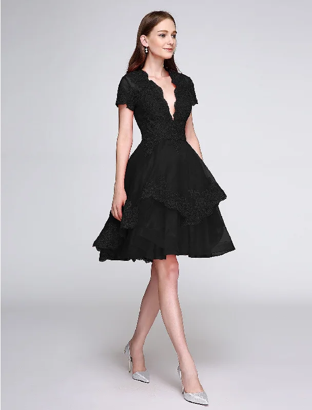 Cute Dress Cocktail Party Knee Length Short Sleeve Neck Organza Appliques