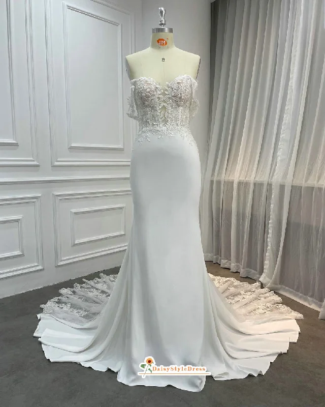 Fit-Flare Sheer Lace Off Shoulder Sleeve Wedding Dress