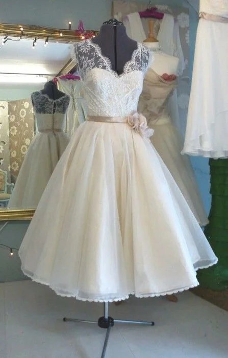 Informal Vintage Ball Gown Tea Length Wedding Dress