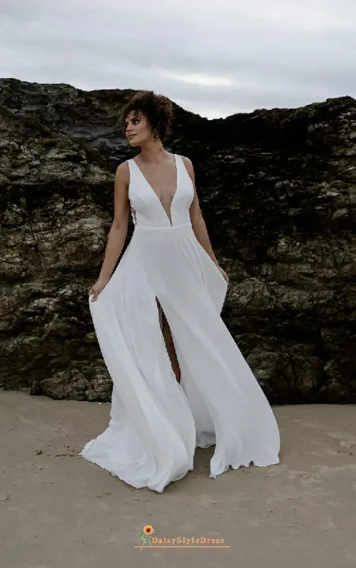 Sexy Slit Plunge Neckline Summer Wedding Dress