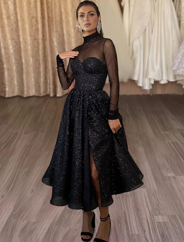 A-Line Cocktail Dresses Elegant Dress Party Wear Tea Length Long Sleeve High Neck Wednesday Addams Family Tulle with Glitter Slit