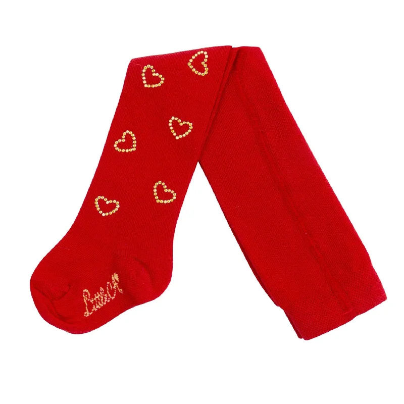 LITTLE A - Festive Hearts Hazel Diamante Heart Tights - Red