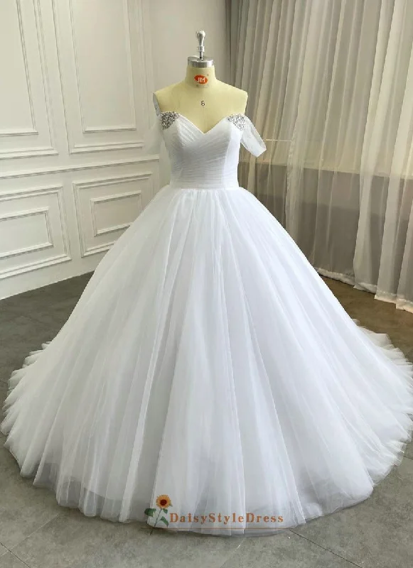 Ball Gown Off Shoulder Sleeve White Tulle Wedding Dress