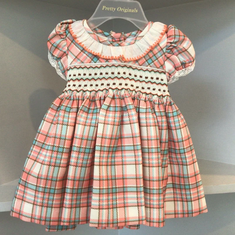 PRETTY ORIGINALS - Smocked Checked Dress Set & Hairband  - Peach