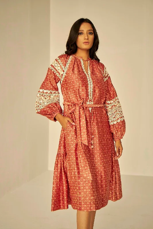 Rust- Embroidered Tapestry Dress