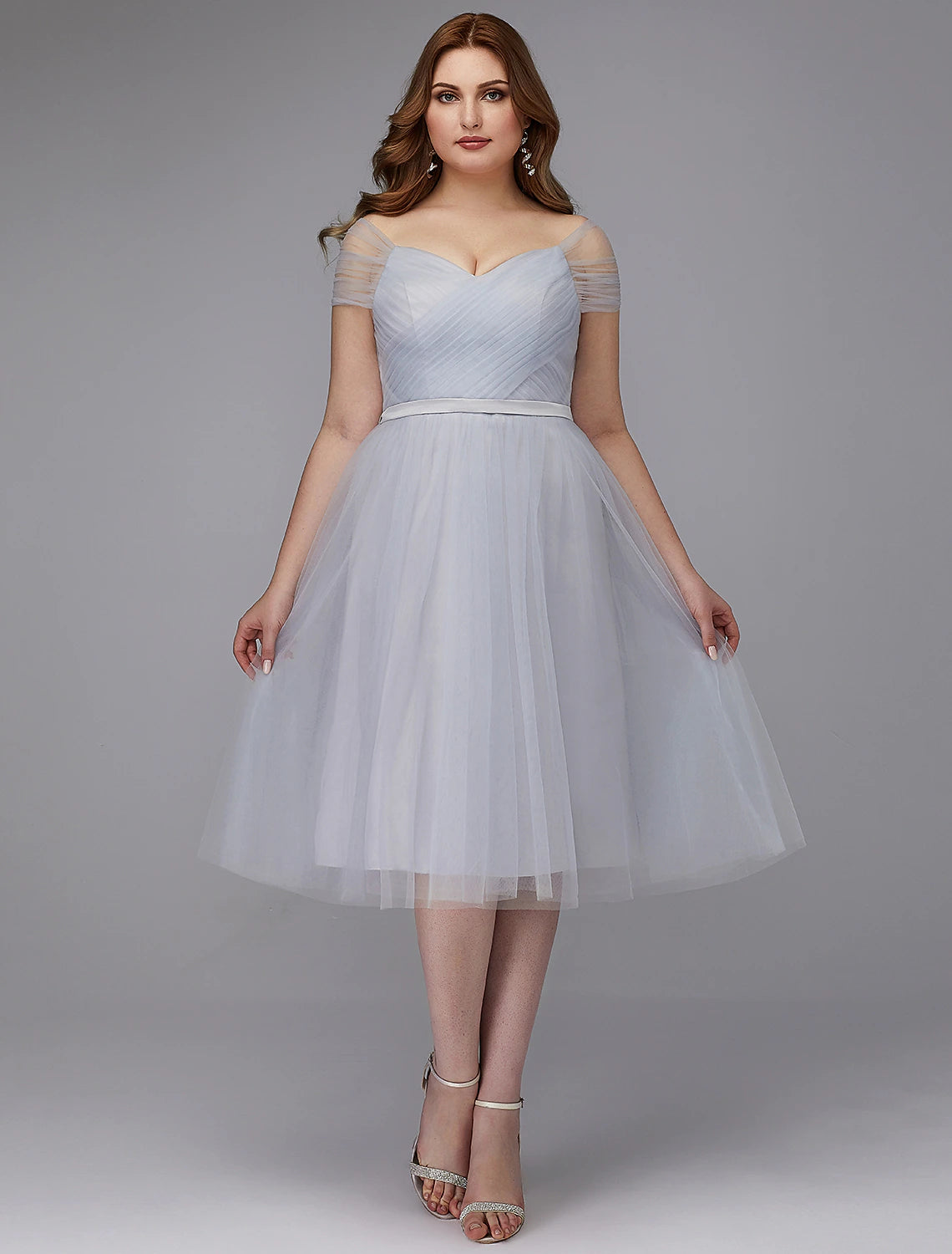 A-Line Elegant Dress Wedding Guest Cocktail Party Tea Length Short Sleeve Off Shoulder Tulle with Sash / Ribbon Criss