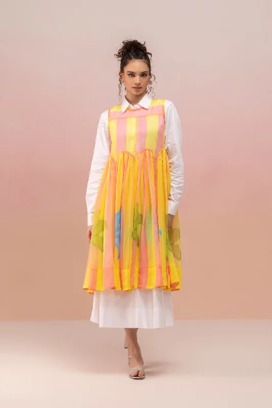 COTTON SHIRT DRESS WITH RUFFLED ORGANZA