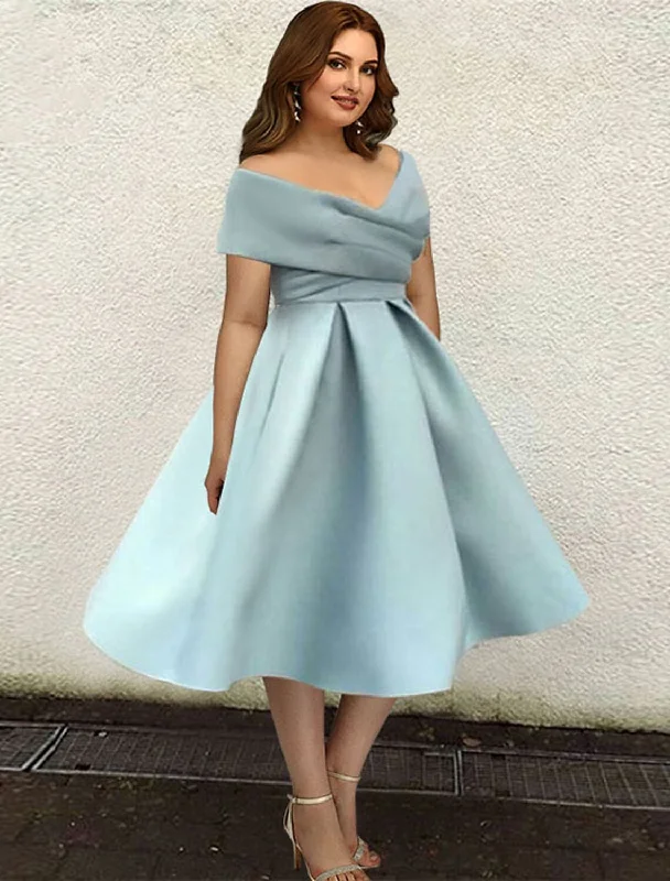 A-Line Cocktail Dresses 1950s Dress Wedding Guest Cocktail Party Tea Length Short Sleeve V Neck Satin with Sleek Pleats