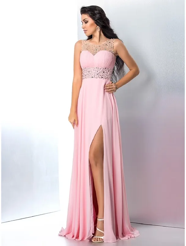 A-Line Prom Dresses Sparkle Shine Dress Party Wear Sleeveless Jewel Neck Chiffon with Rhinestone Slit