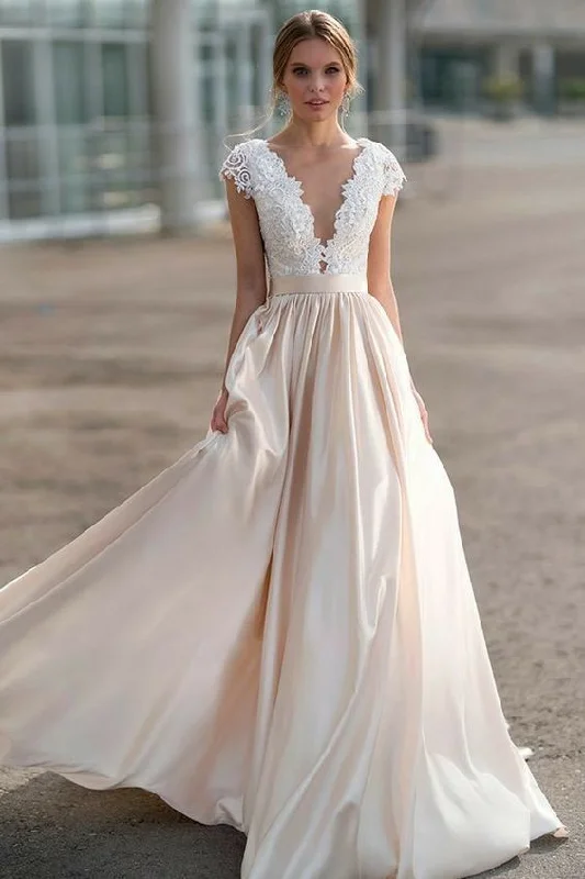 A line Short Sleeve Blush Wedding Dress