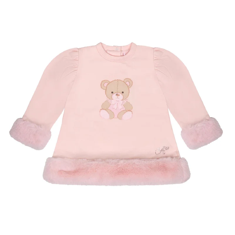 LITTLE A - Bear Hugs Goldie Fur Detail Bear Dress - Baby Pink