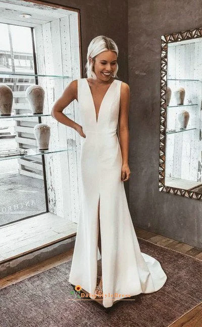 Simple V-back Slit Summer Wedding Dress