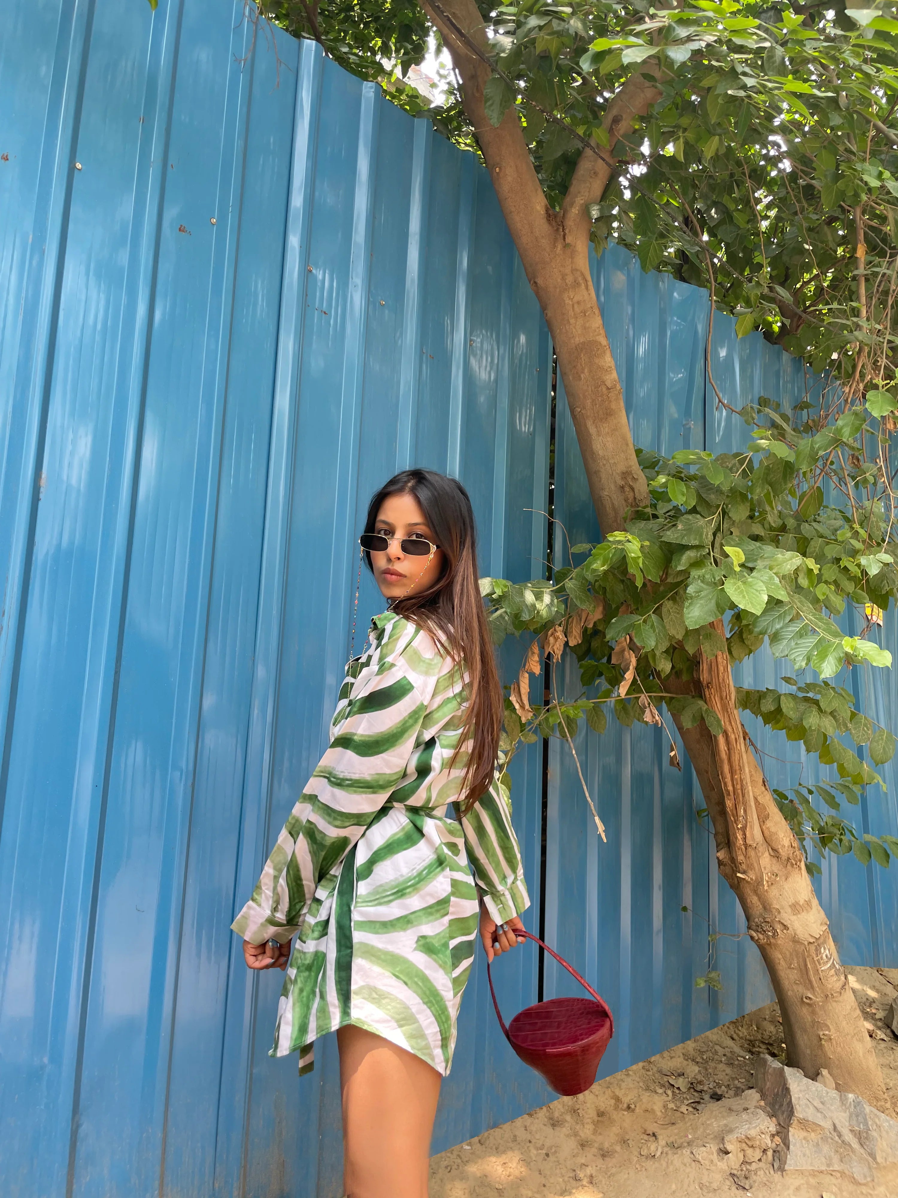 Everyday Shirt Cotton Dress in Green Abstract