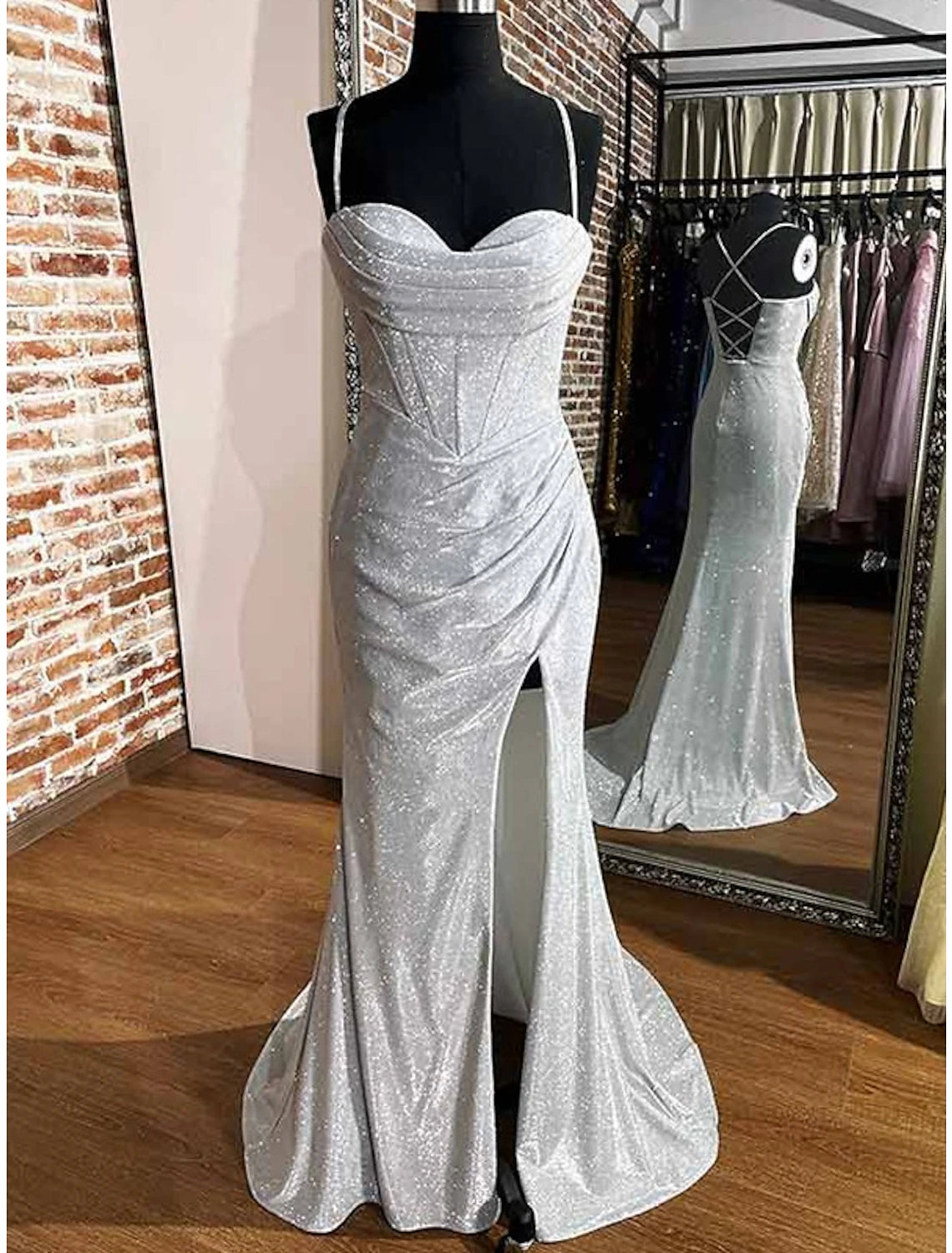 Sheath / Column Prom Dresses Corsets Dress Wedding Party Sweep / Brush Train Sleeveless Cowl Neck Sequined with Glitter Ruched Slit