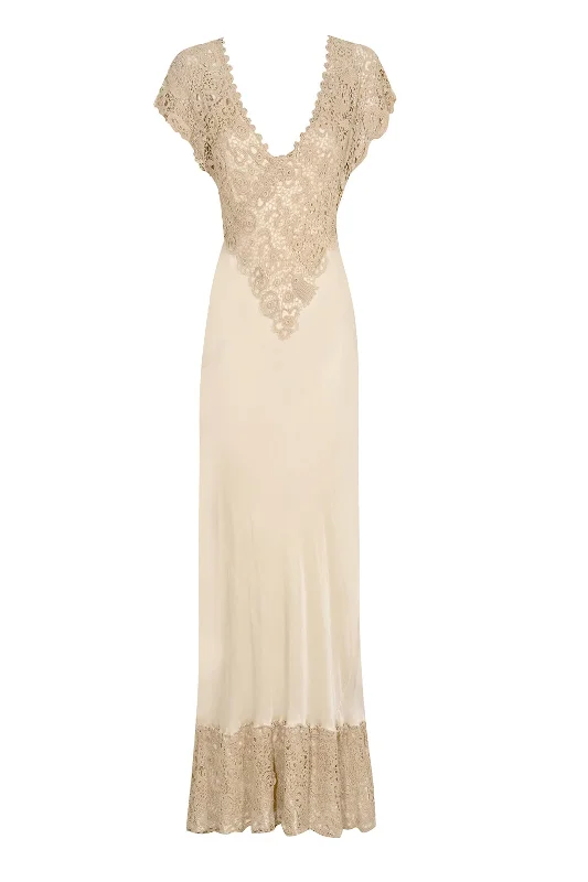 1940s Cream Silk and Crochet Gown